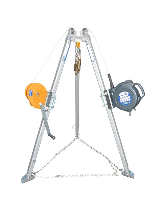 Trípode telescópico de aluminio. Altura de 1,35 a 2,40m. Diametro de base de 1,14 a 2,10m. Capacidad 100 Kg. Malacate co